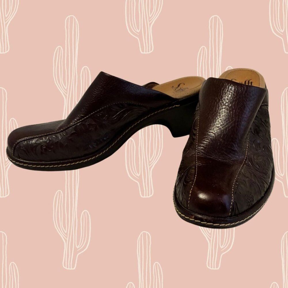 Sofft Mules Brown Leather Western Style Women’s Size 8M Clogs Embossed